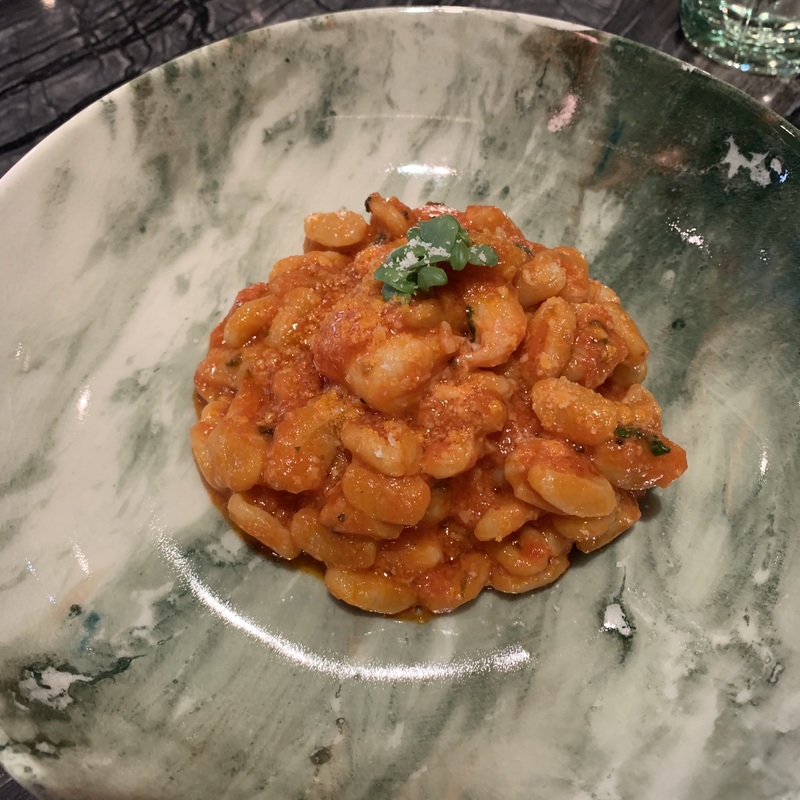 Аррабиата орекьетте с пармезаном и креветками